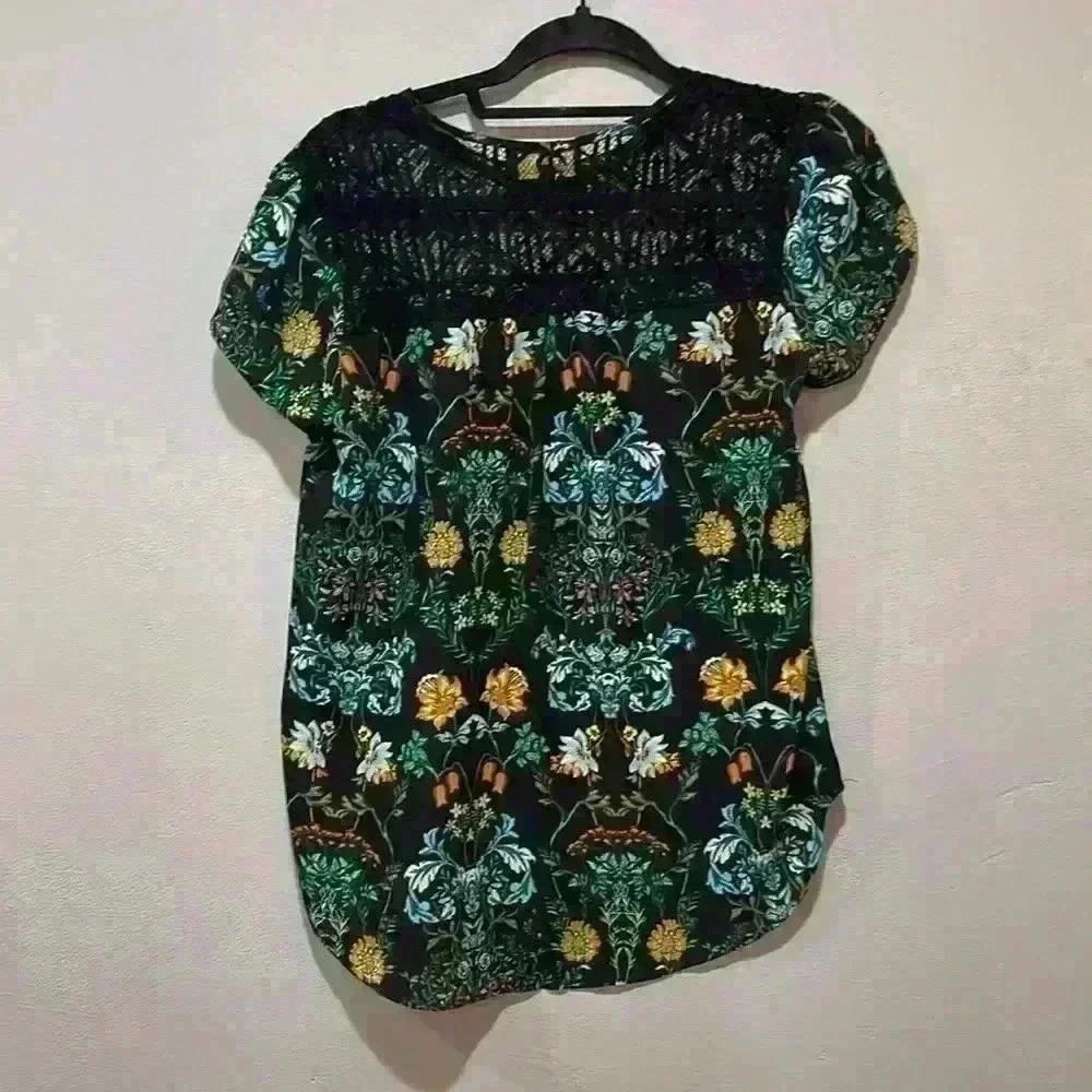 Twine & String floral black and orange short sleeve blouse shirt top size small - Picture 6 of 10